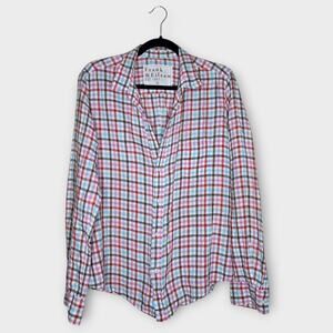 Frank & Eileen Womens Multicolor Plaid Blouse Linen Med Button Down Pink Blue